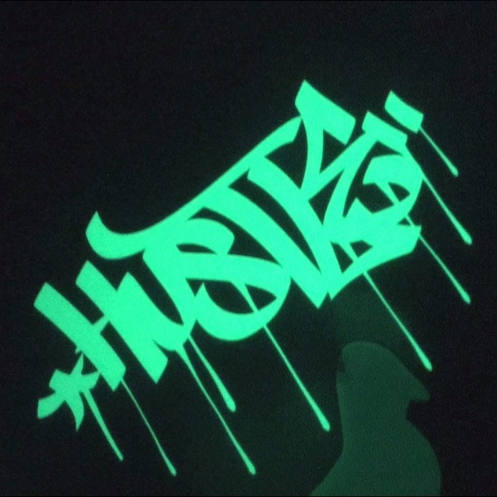 Glow in the dark sticker "Hustle logo" 5x4in
